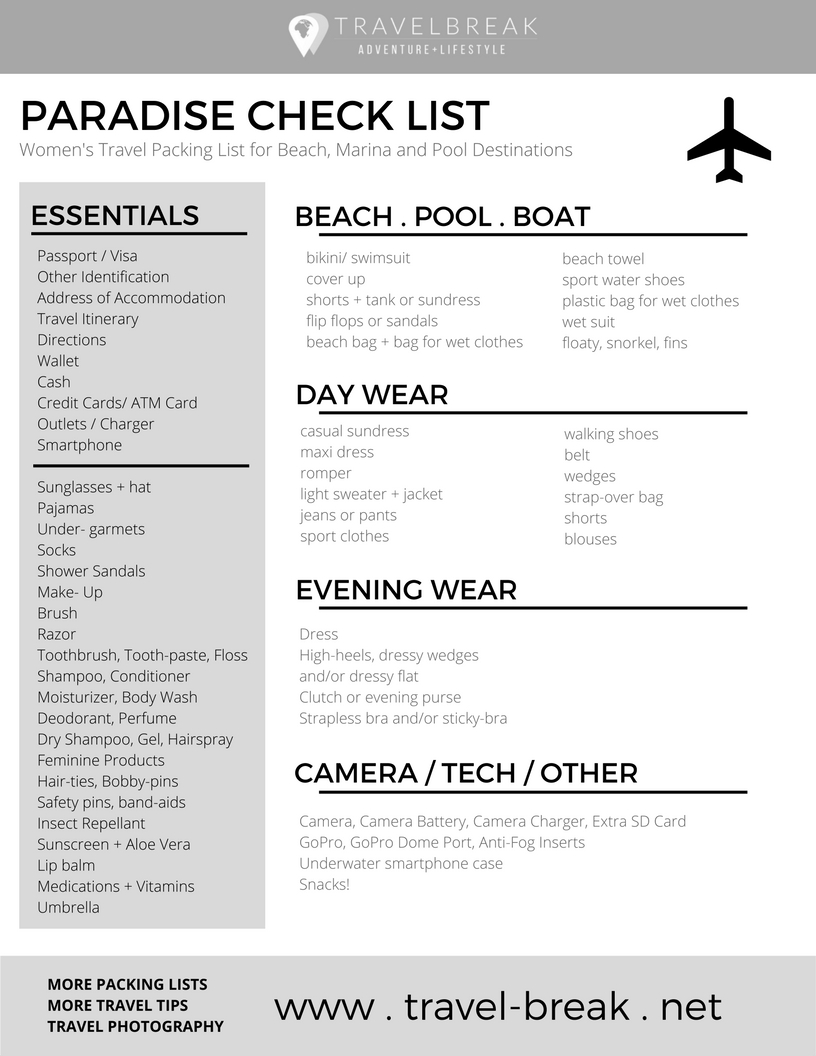 Printable Beach Vacation CHECKLIST Women's beach packing list for coastal, marina and pool destinations. | From the travel blog Travel-Break.net