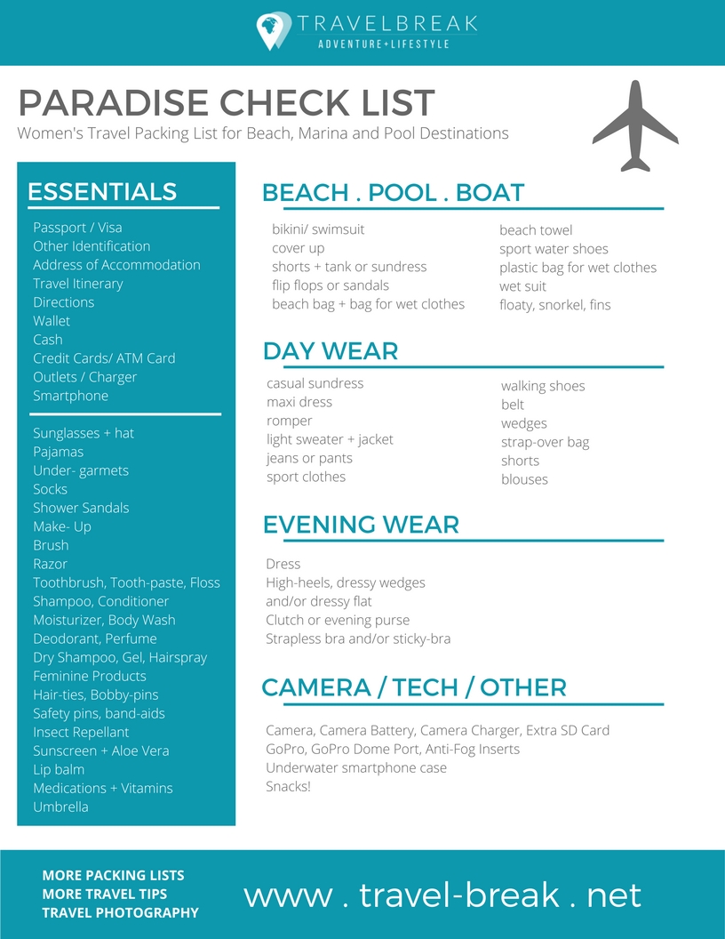 Printable Beach Vacation CHECKLIST Women's beach packing list for coastal, marina and pool destinations. | From the travel blog Travel-Break.net