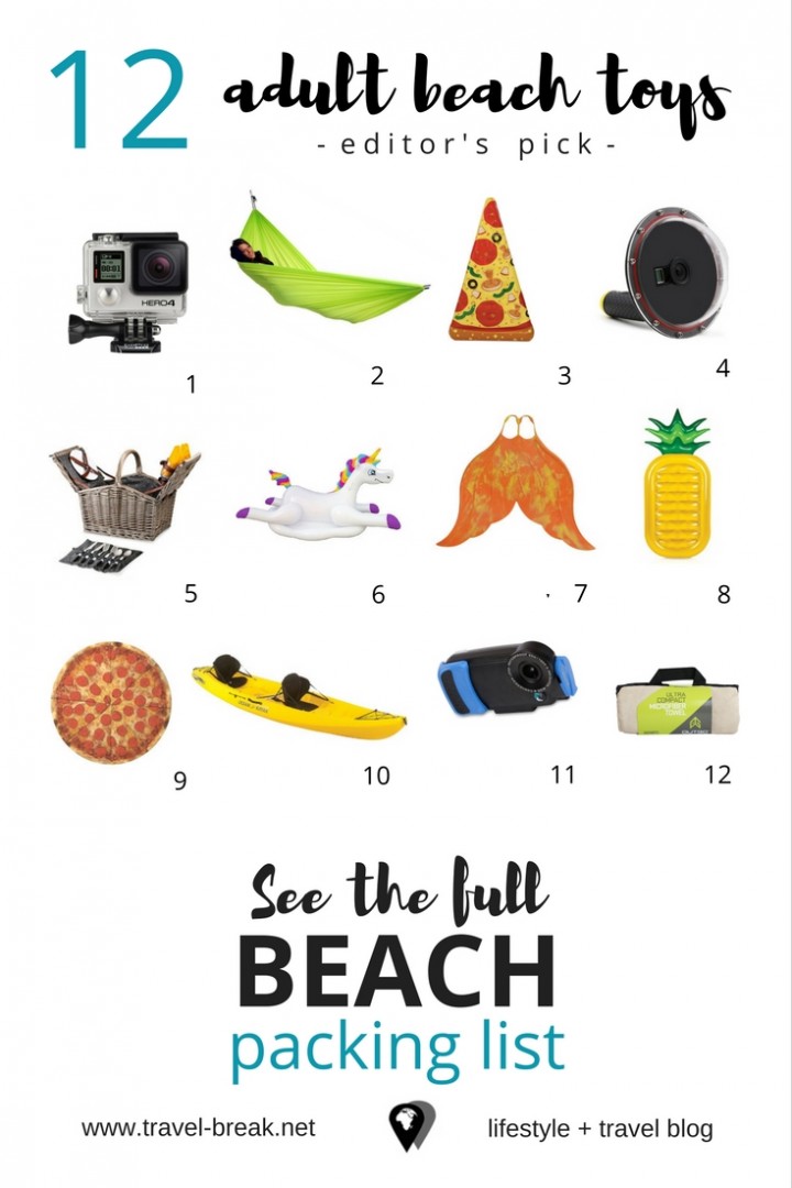 Adult beach toys to play up your travel packing list or staycation. See the full beach vacation checklist and coastal guide on the travel blog Travel-Break.net